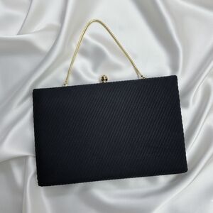 Clutch Bag 9x6x1" Gold Chain Strap Black Satin Pintuck Phone Formal Elegant